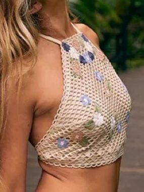 Aerie Women’s Crochet Cream Floral Adjustable Strap Bikini Top Size X-Small
